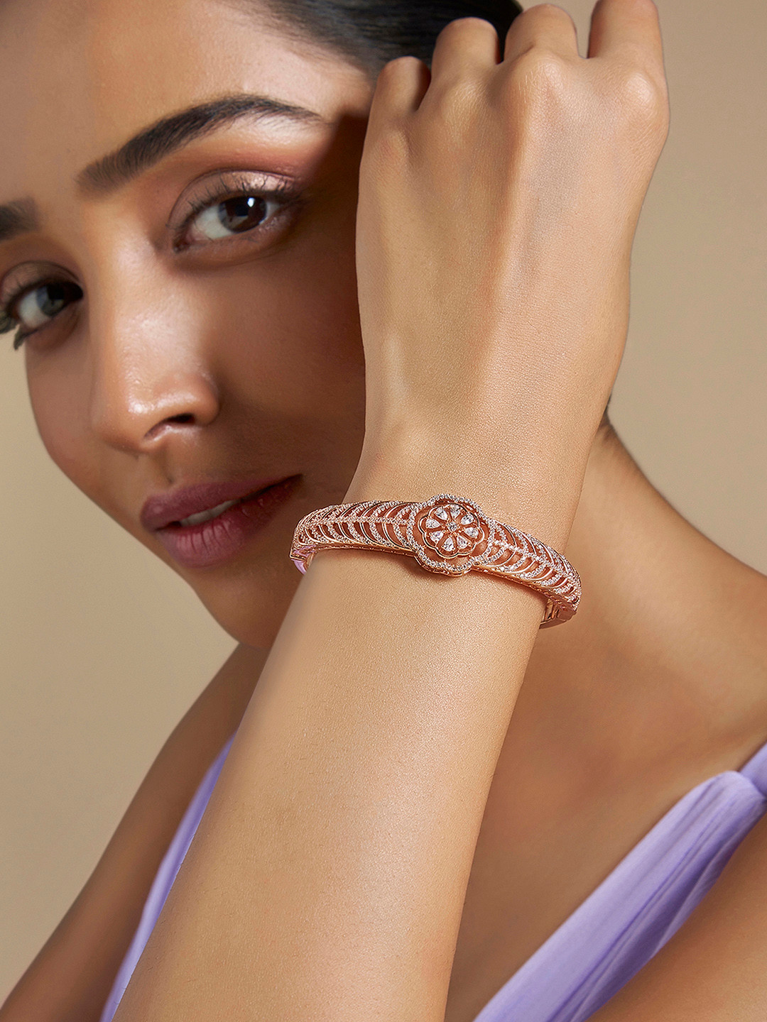 

Kushal's Fashion Jewellery Rose Gold-Plated Cubic Zirconia Studded Kada Bracelet, White