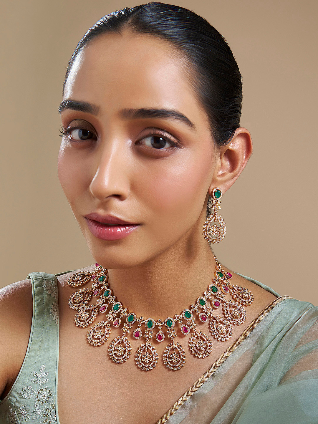 

Kushal's Fashion Jewellery Gold-Plated Zircon-Studded Necklace & Earrings