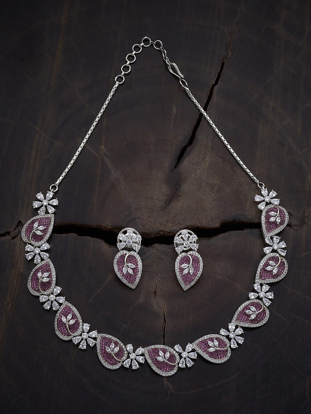 

Kushal's Fashion Jewellery Rhodium-Plated Zircon-Studded Necklace & Earrings, Silver