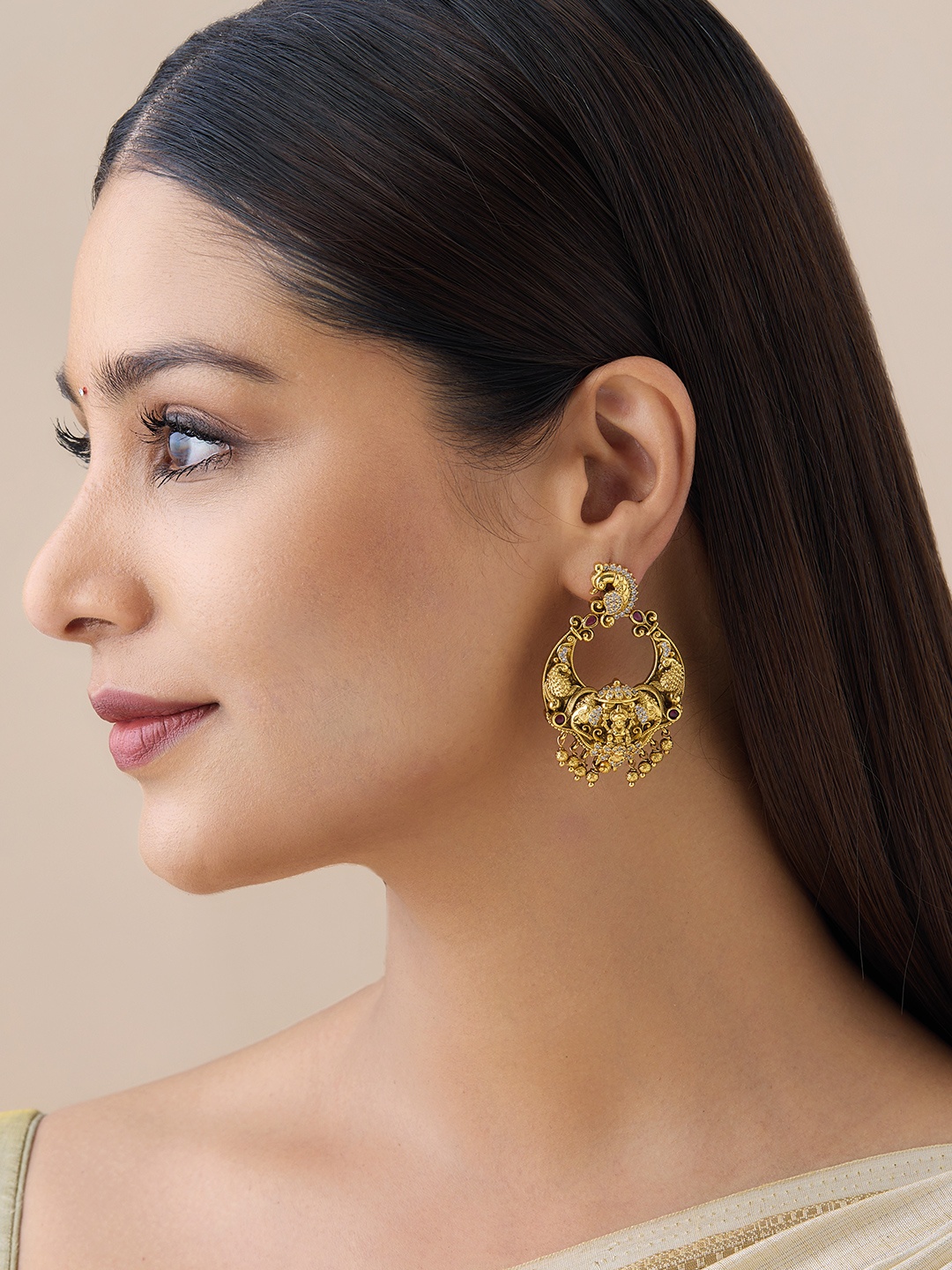 

Kushal's Fashion Jewellery Gold Plated Artificial Stones Studded Chandbalis Earrings, Red