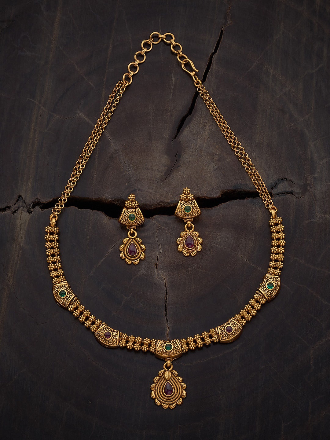 

Kushal's Fashion Jewellery Gold-Plated Stones-Studded Antique Jewellery Set