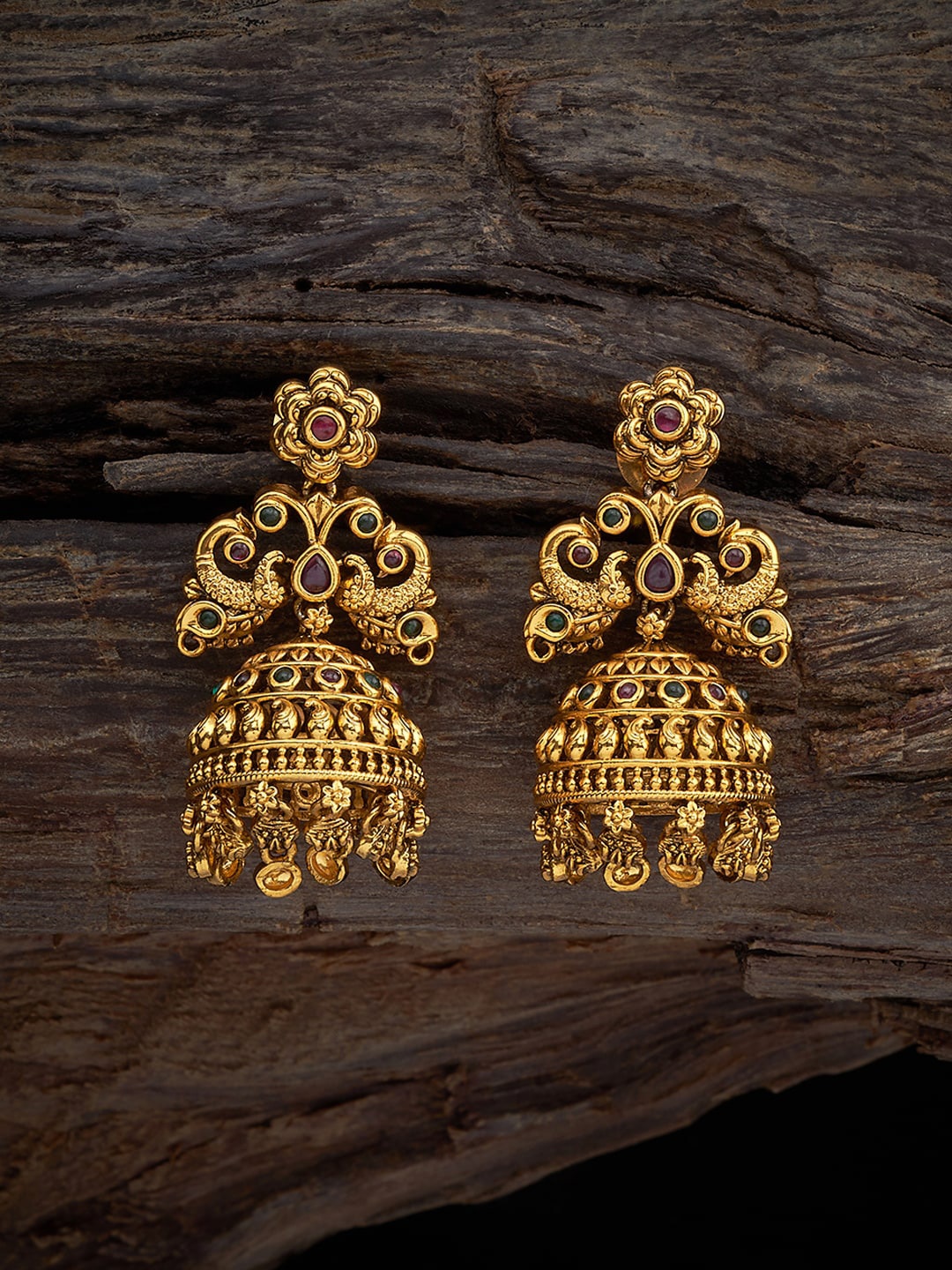 

Kushal's Fashion Jewellery Gold Plated Artificial Stones Studded Classic Jhumkas Earrings, Red