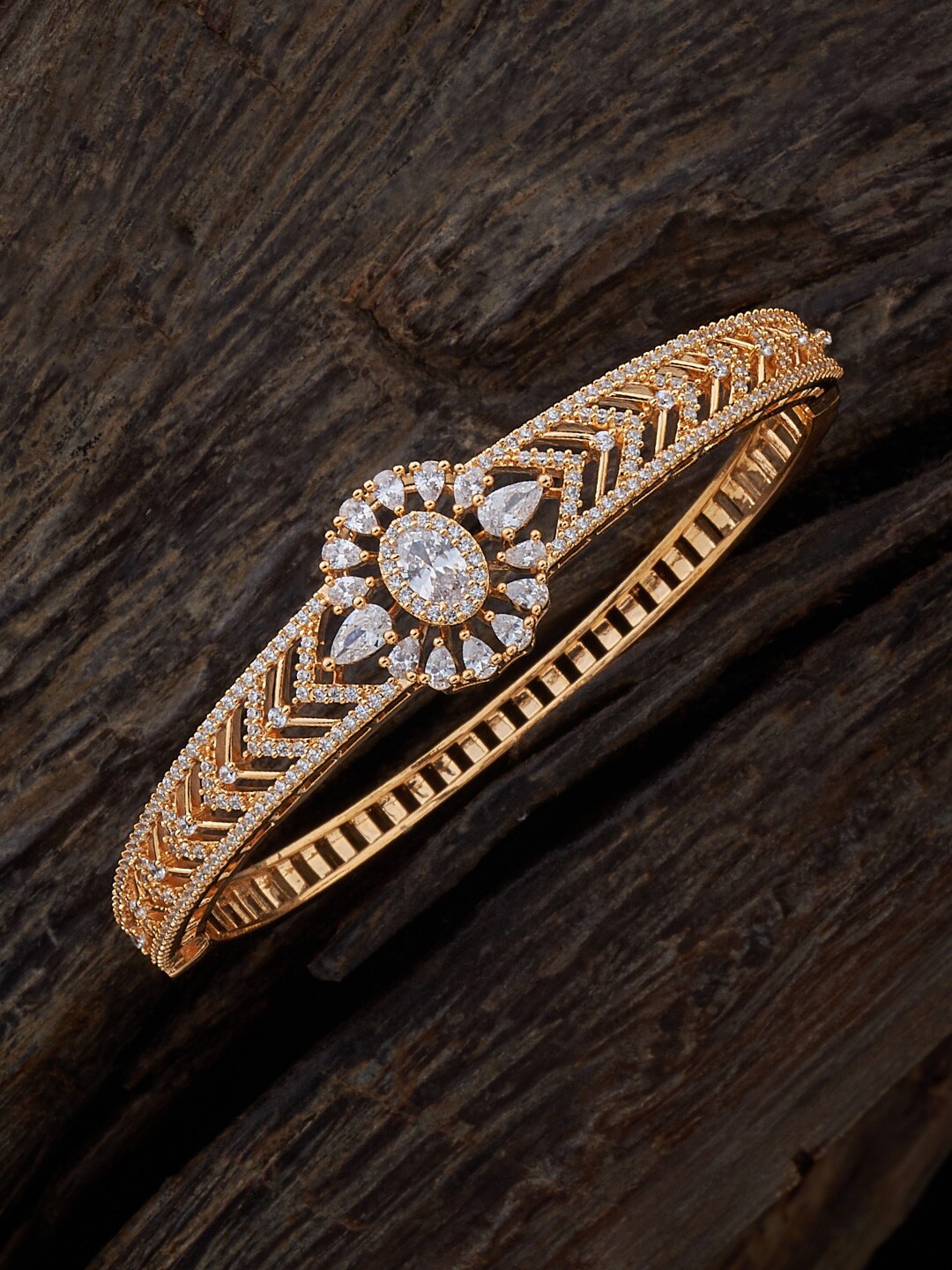 

Kushal's Fashion Jewellery Gold-Plated Cubic Zirconia Studded Kada Bracelet