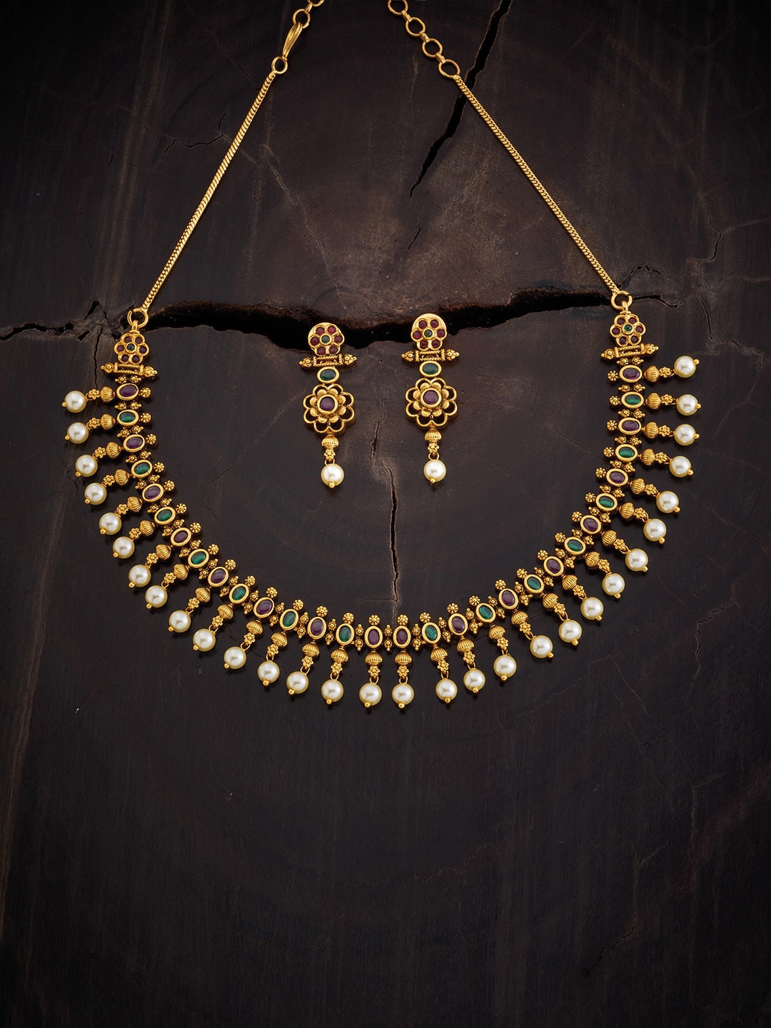 

Kushal's Fashion Jewellery Gold-Plated Studded & Beaded Antique Necklace & Earrings