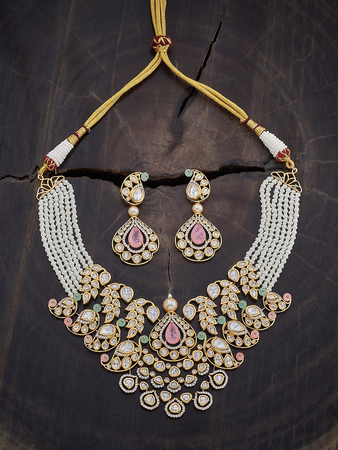 

Kushal's Fashion Jewellery Kundan-Studded & Beaded Necklace & Earrings, Gold