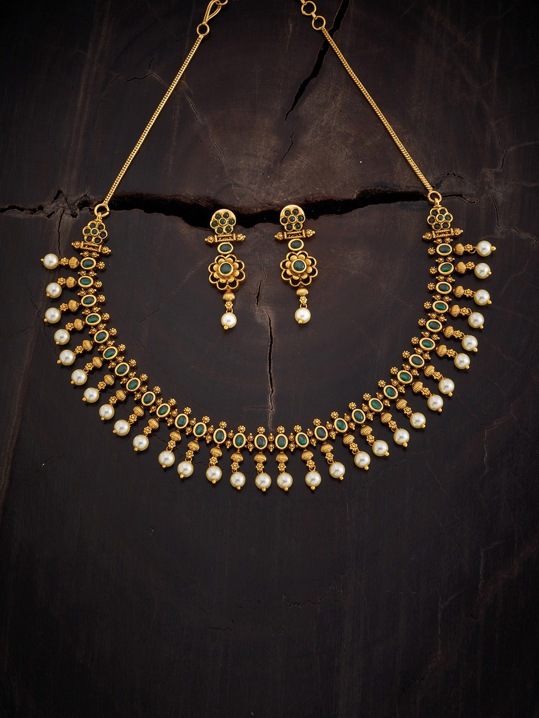 

Kushal's Fashion Jewellery Gold-Plated Ruby Studded & Beaded Antique Necklace & Earrings