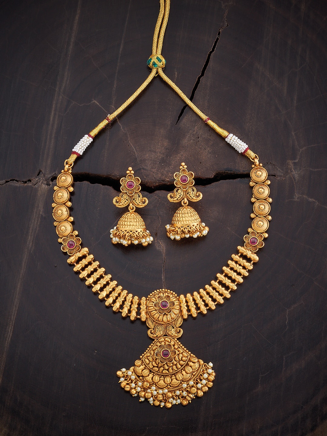 

Kushal's Fashion Jewellery Gold-Plated Ruby Studded & Beaded Antique Necklace & Earrings