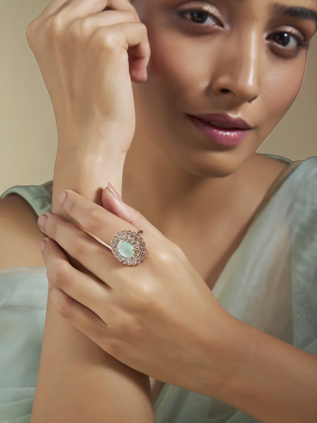 

Kushal's Fashion Jewellery Rose Gold-Plated Zircon-Studded Adjustable Finger Ring