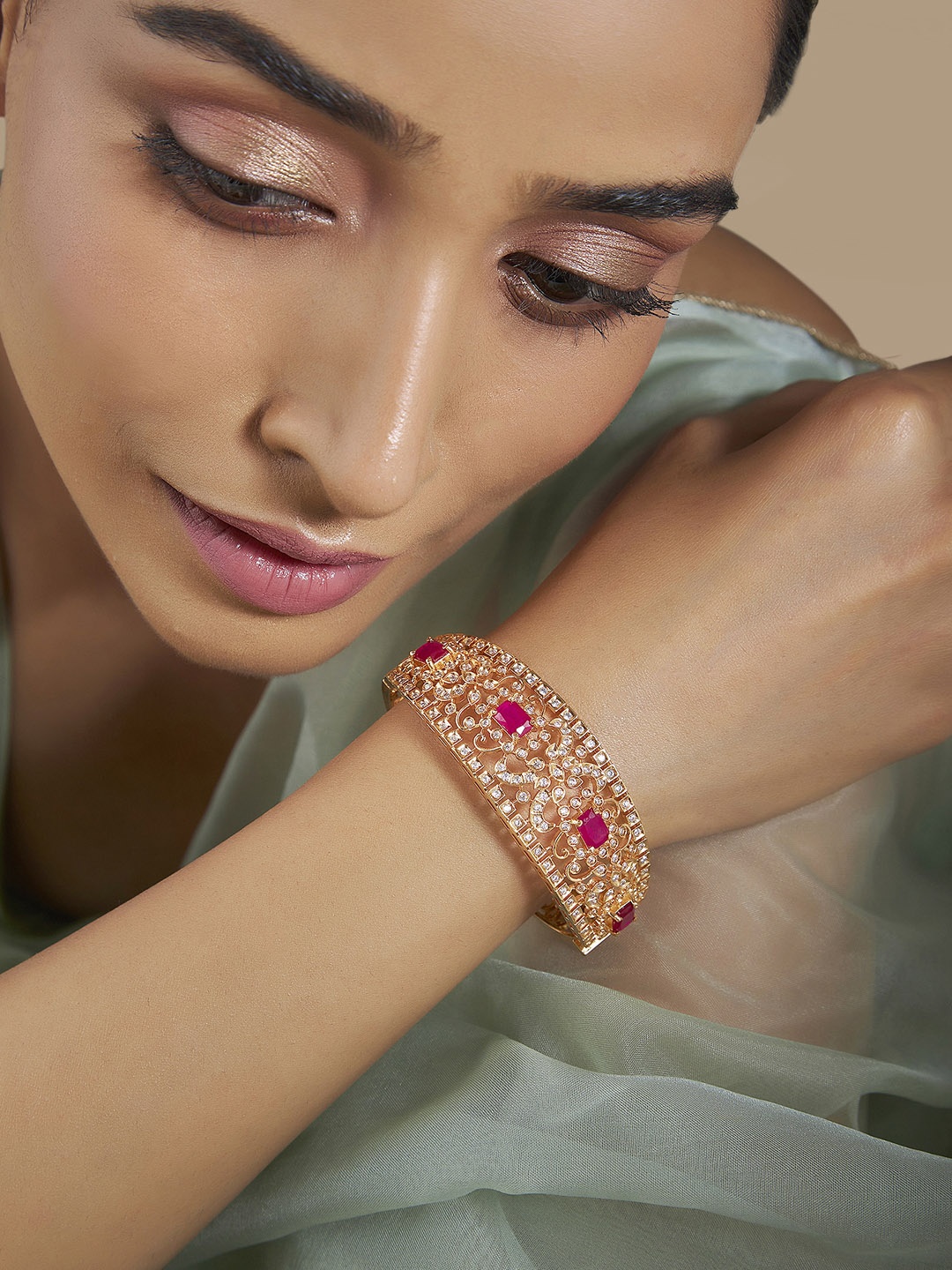 

Kushal's Fashion Jewellery Gold-Plated Cubic Zirconia Studded Kada Bracelet