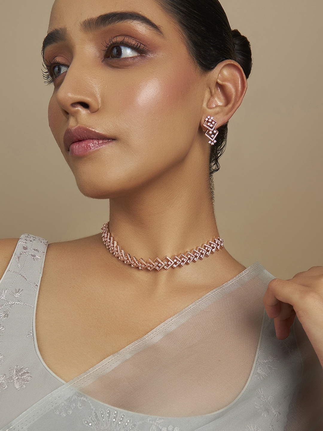 

Kushal's Fashion Jewellery Rose Gold-Plated Zircon-Studded Necklace & Earrings