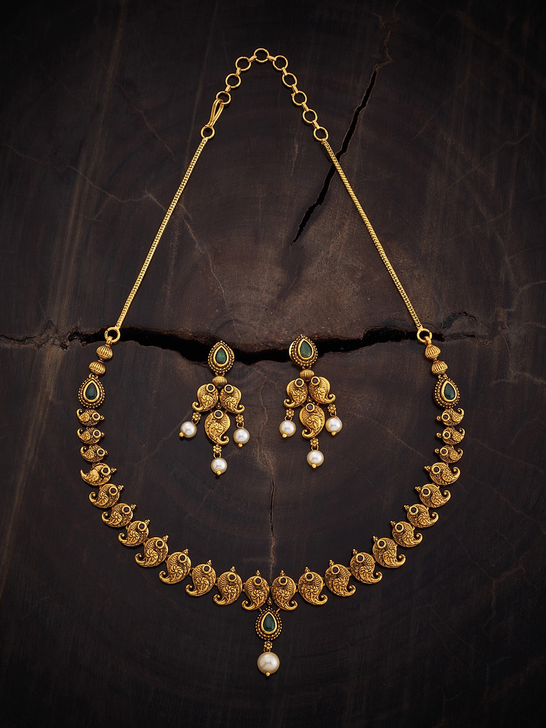 

Kushal's Fashion Jewellery Gold-Plated Ruby Studded & Beaded Antique Necklace & Earrings