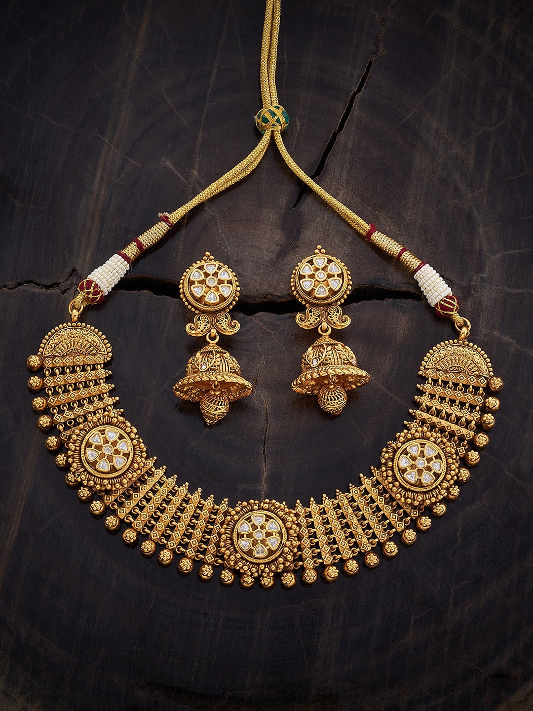 

Kushal's Fashion Jewellery Gold-Plated Studded & Beaded Antique Necklace & Earrings