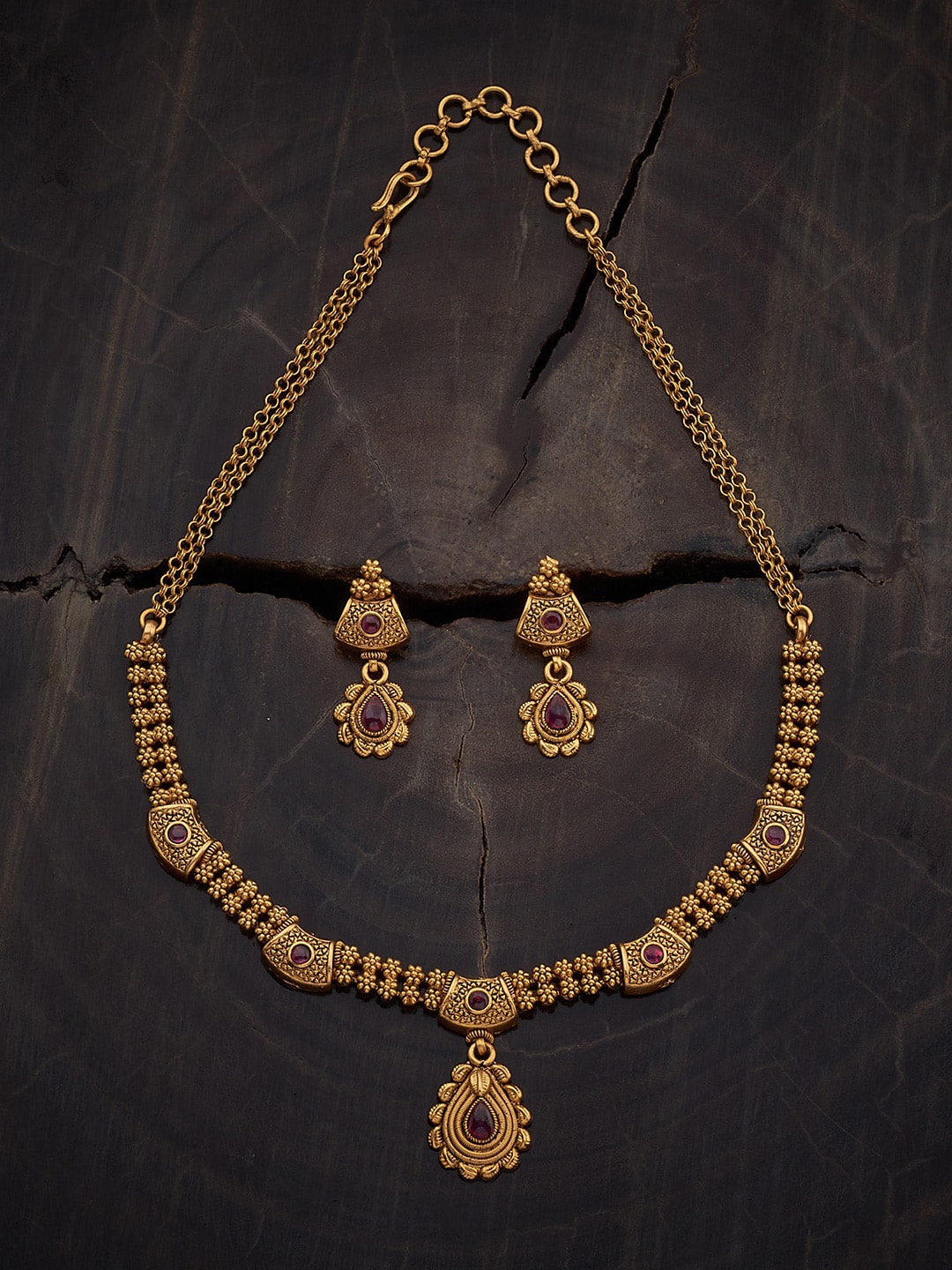 

Kushal's Fashion Jewellery Gold-Plated Ruby Studded & Beaded Antique Necklace & Earrings