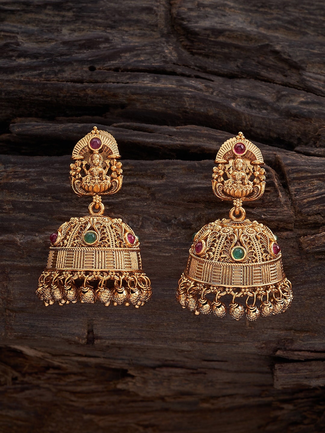 

Kushal's Fashion Jewellery Gold-Plated Stones Studded Dome Shaped Antique Jhumkas