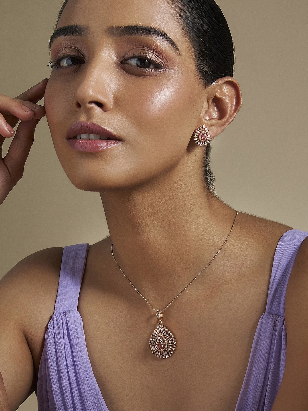

Kushal's Fashion Jewellery Gold-Plated Zircon-Studded Party Pendant & Earrings