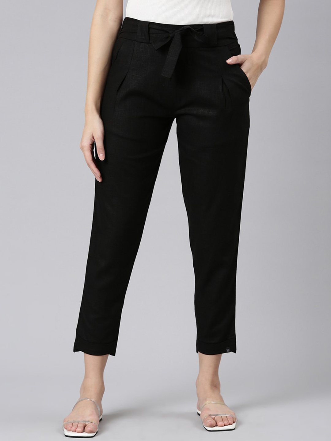 

TWIN BIRDS Women Knotted Straight Trousers, Black