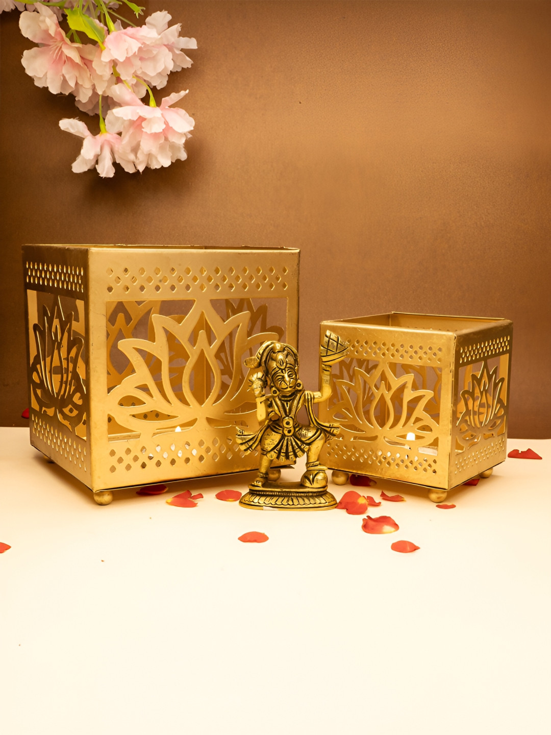 

Ekhasa Gold Toned 3 Pcs Pure Brass Hanuman Idol & Tealight Candle Holder Home Gift Set