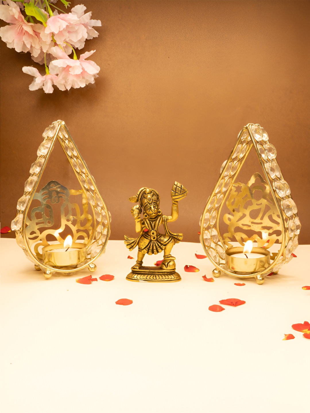 

Ekhasa Gold-Toned & White 3 Pieces Brass Hanuman Idol and Tealight Candle Holder