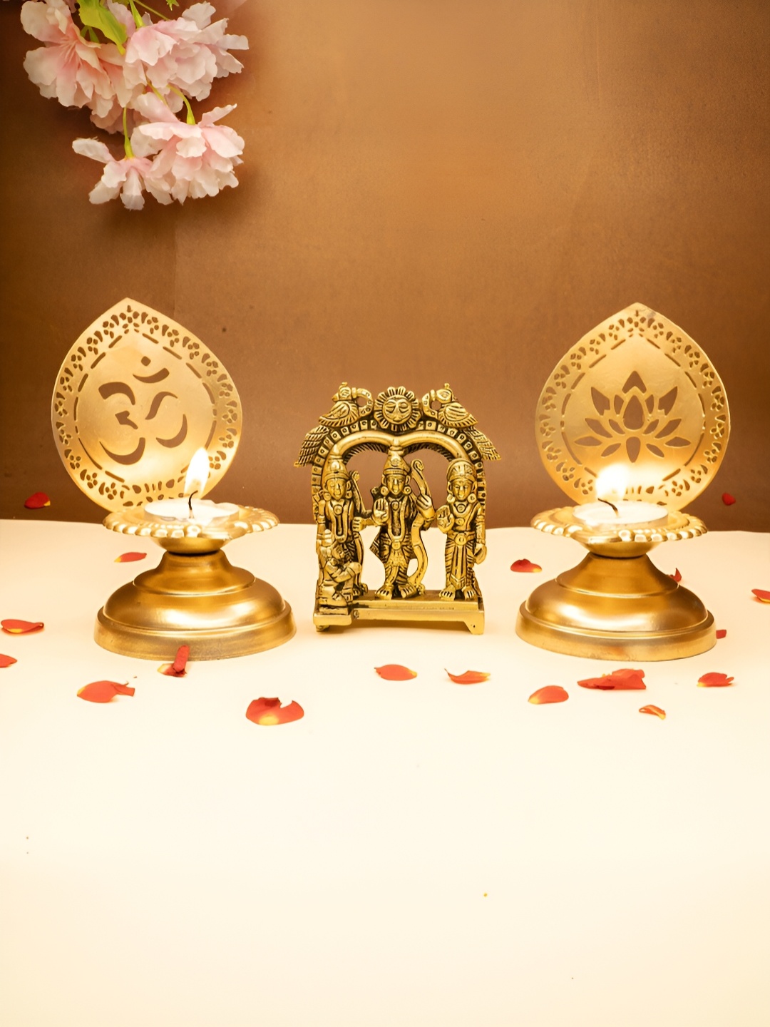 

Ekhasa Gold-Toned 3 Pieces Brass Ram Darbar Idol & Tealight Candle Holder