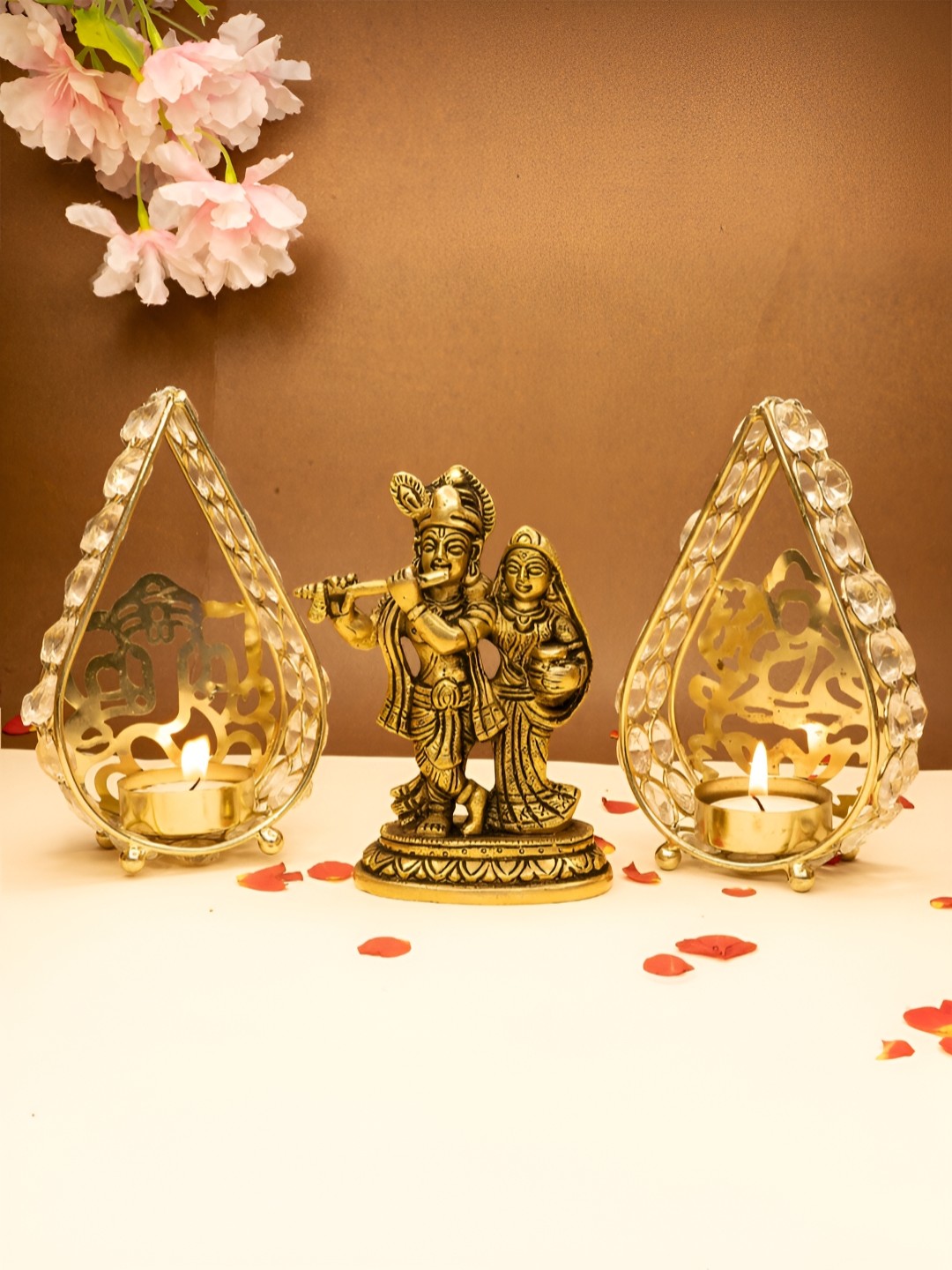 

Ekhasa Gold Toned 3 Pcs Pure Brass Radha Krishna Idol & Candle Holder Home Gift Set