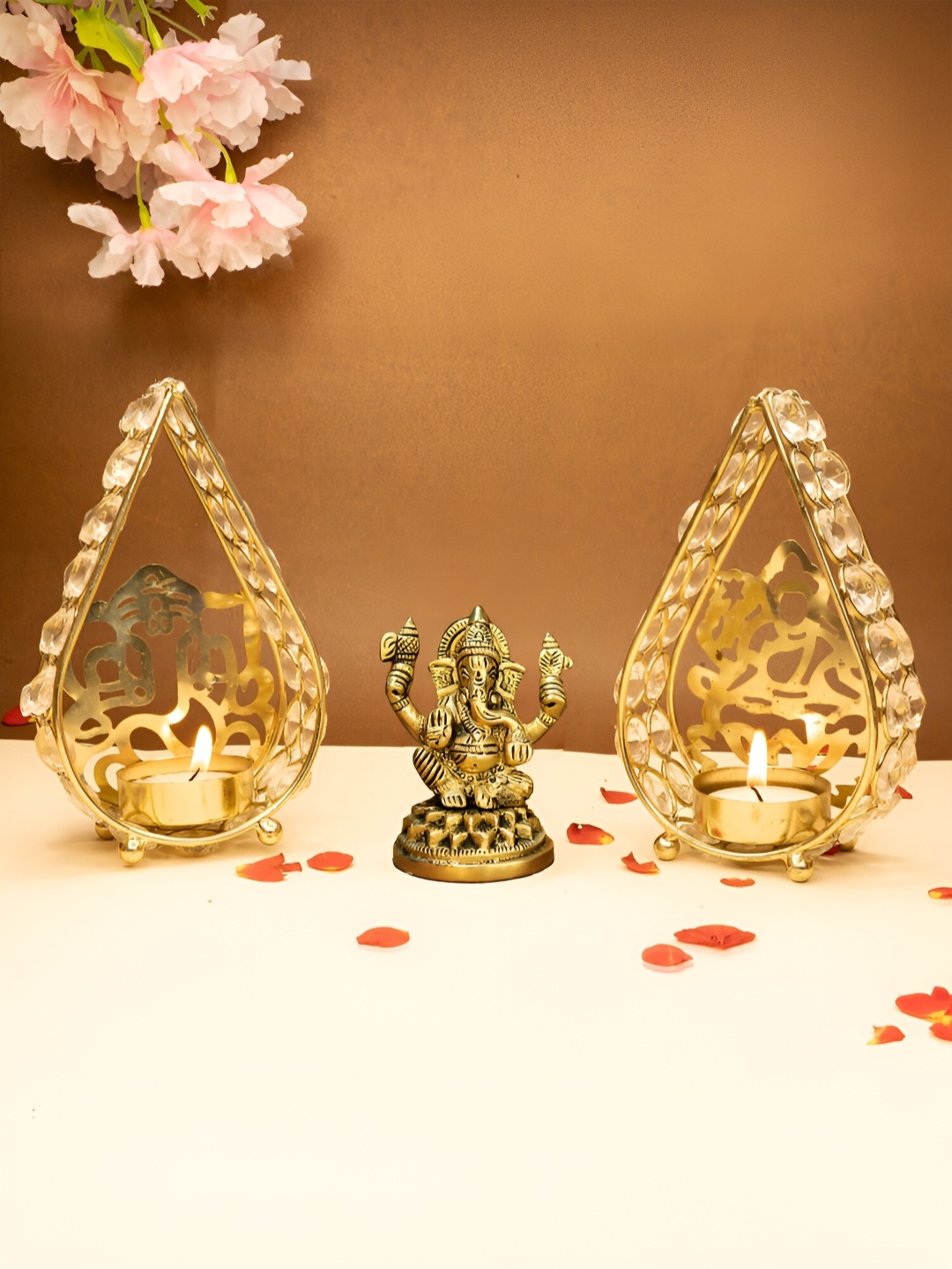 

Ekhasa Gold Toned 3 Pcs Pure Brass Ganesh Idol & Tealight Candle Holder Home Gift Set