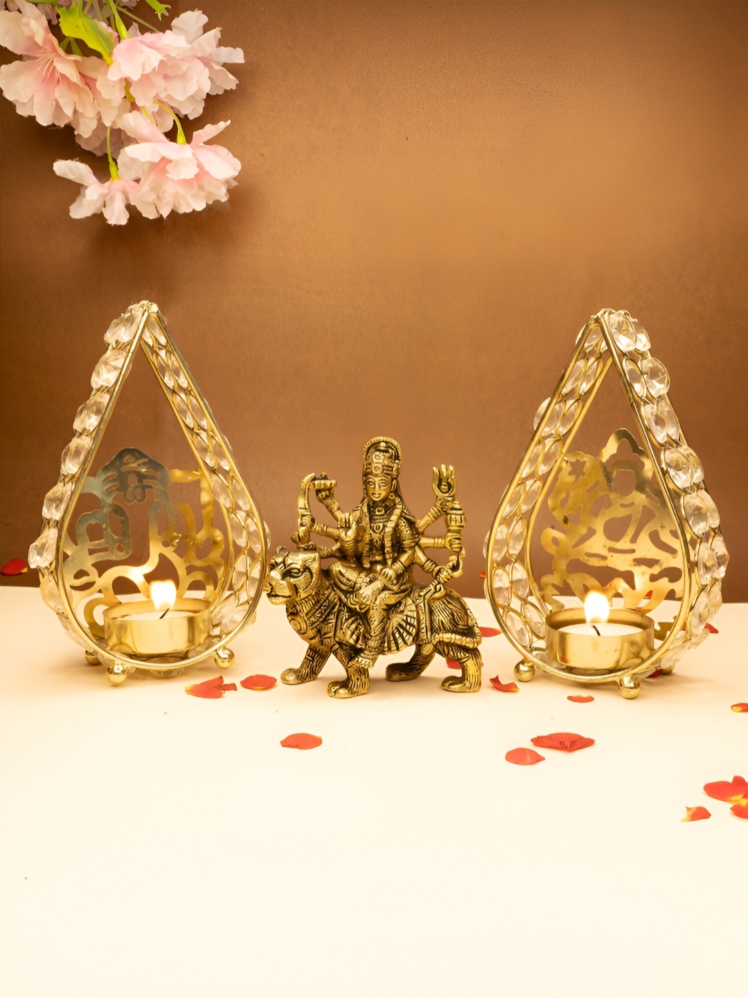 

Ekhasa Gold Toned 3 Pieces Pure Brass Durga Maa Idol & Tealight Candle Holders