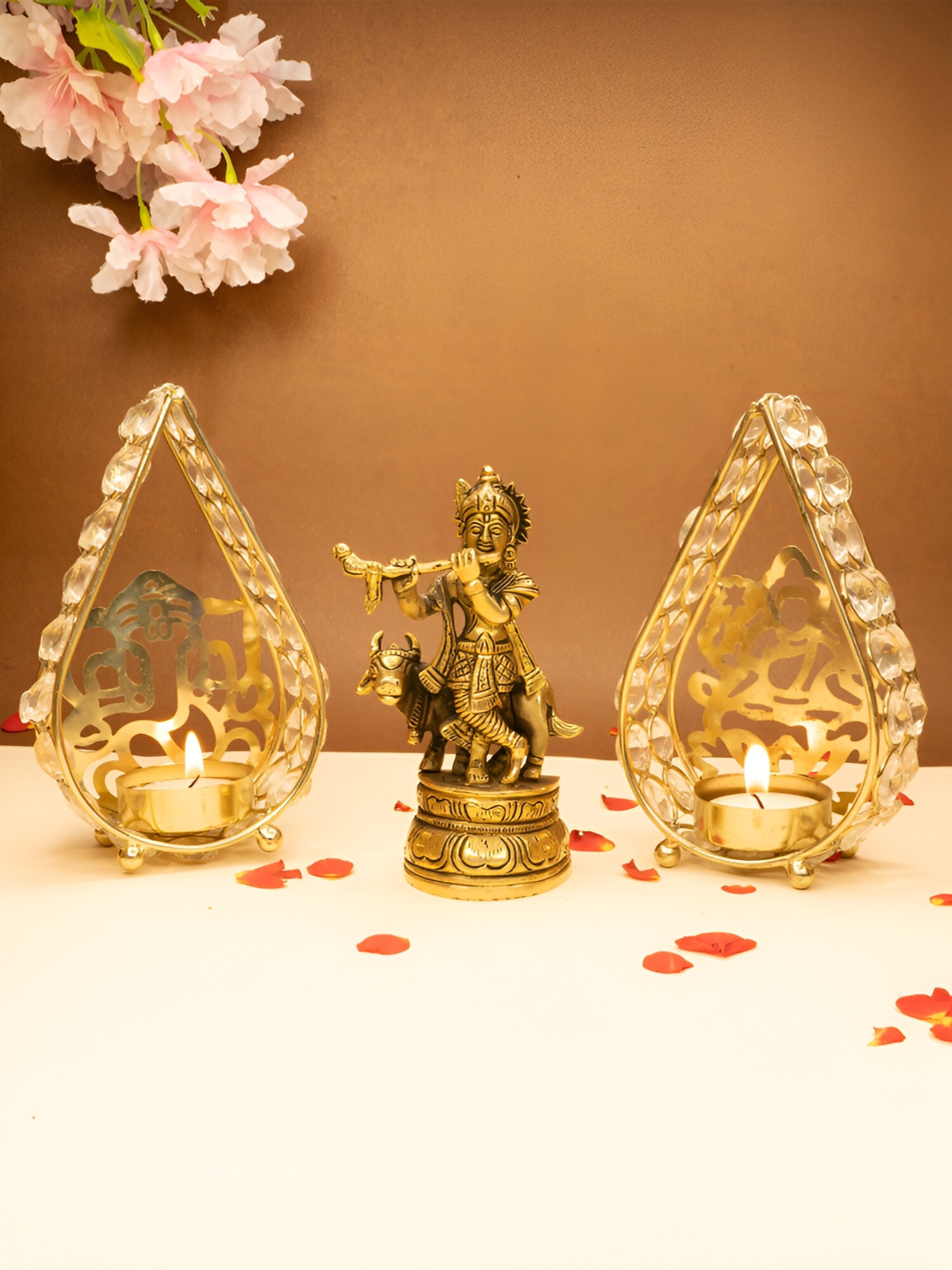 

Ekhasa Gold Toned 3 Pcs Pure Brass Krishna Idol & Tealight Candle Holder Home Gift Set