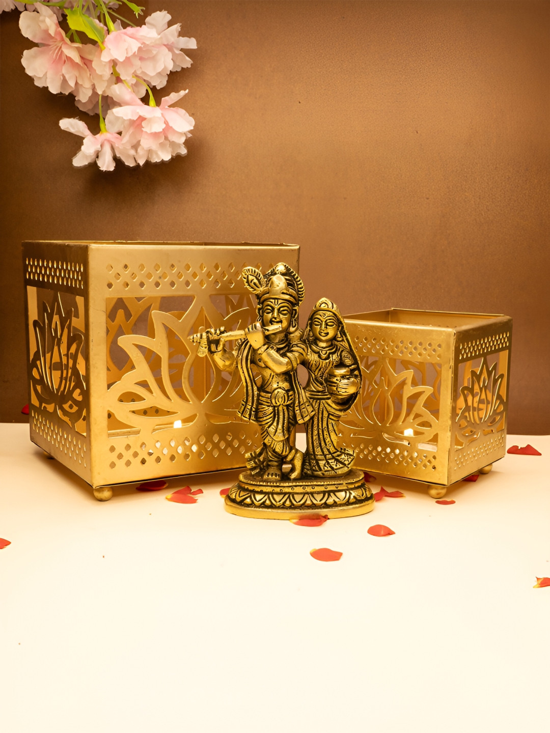 

Ekhasa Gold Toned 3 Pcs Pure Brass Radha Krishna Idol & Candle Holder Home Gift Set