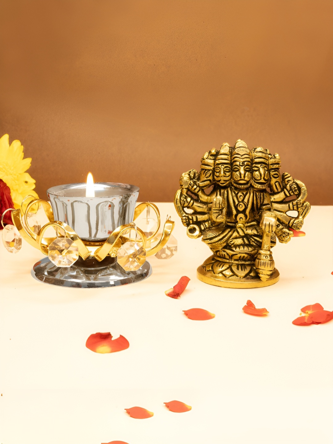 

Ekhasa Gold Toned 2 Pcs Pure Brass Hanuman Idol & Tealight Candle Holder Home Gift Set
