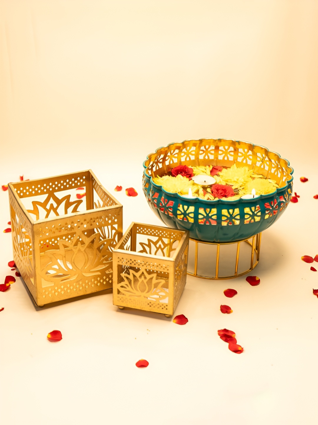 

Ekhasa Gold Toned 3 Pcs Pure Brass Decorative Bowl & Tealight Candle Holder Home Gift Set