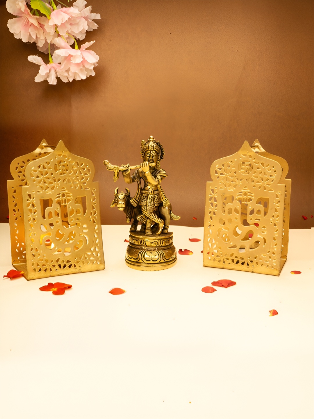 

Ekhasa Gold Toned 3 Pieces Pure Brass Lord Krishna Idol & Tealight Candle Holders