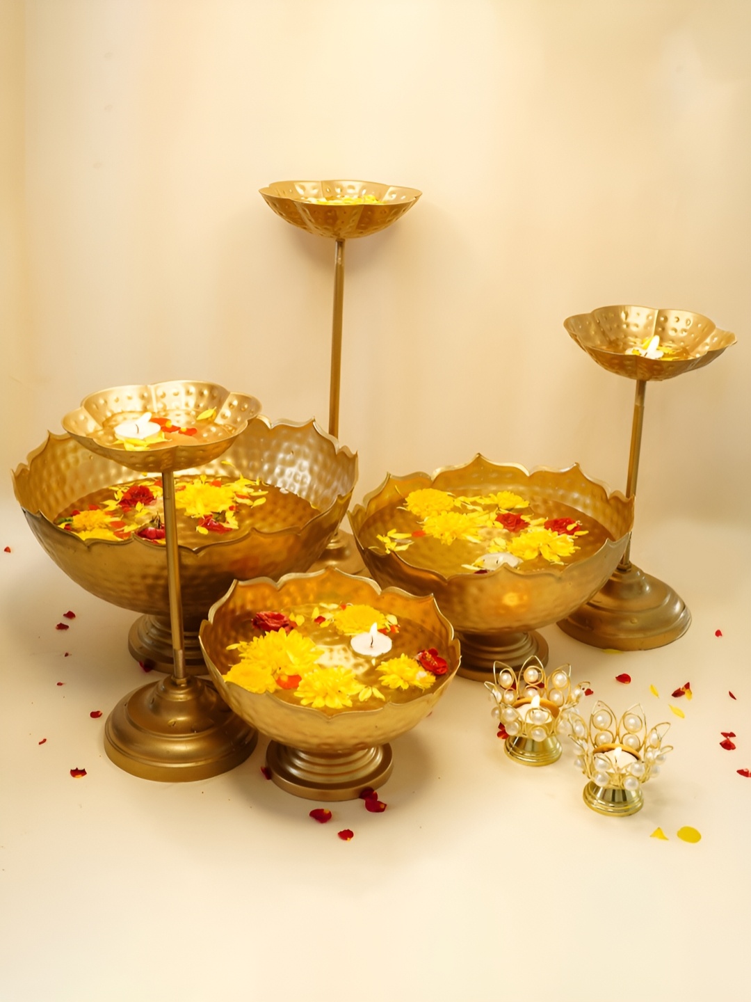 

Ekhasa Gold Toned 8 Pcs Pure Brass Decorative Bowl & Tealight Candle Holder Home Gift Set