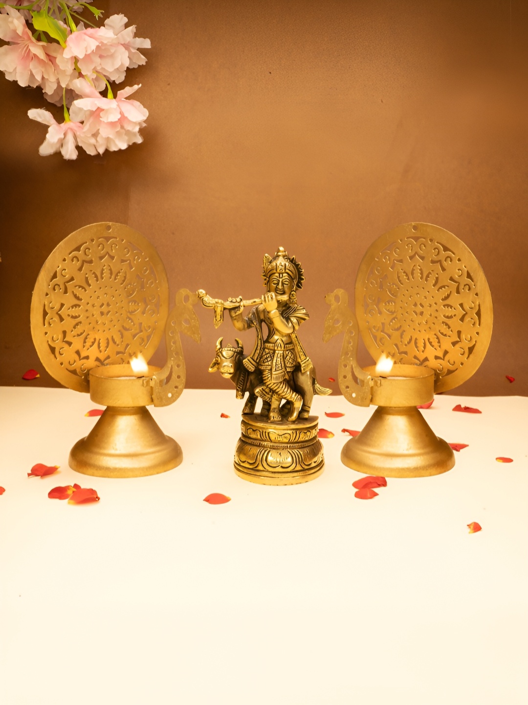 

Ekhasa Gold Toned 3 Pieces Lord Krishna Idol & Tealight Candle Holders Gift Set