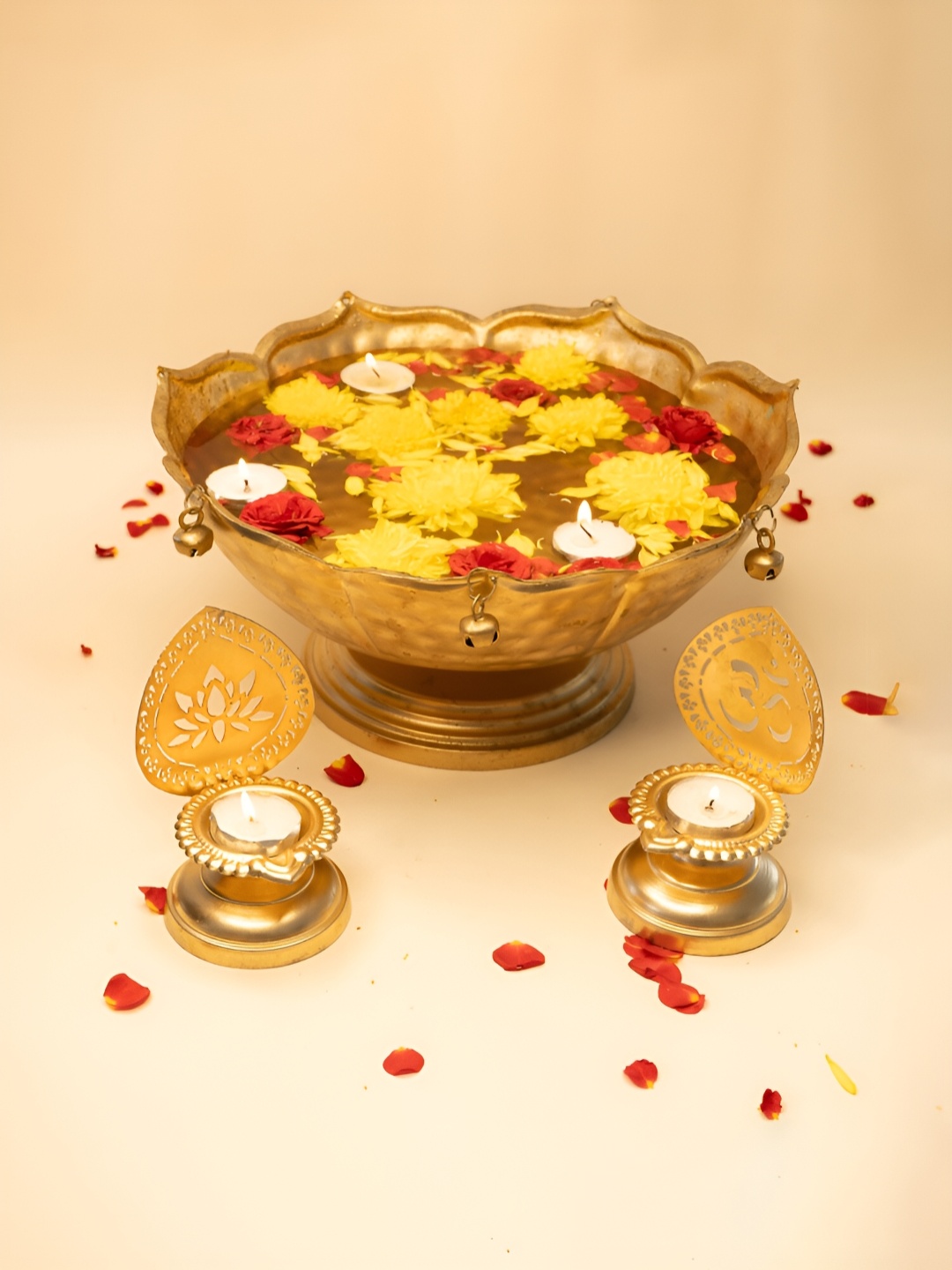 

Ekhasa Gold Toned 3 Pieces Urli Decoration Bowl & Tealight Candle Holders Home Gift Set