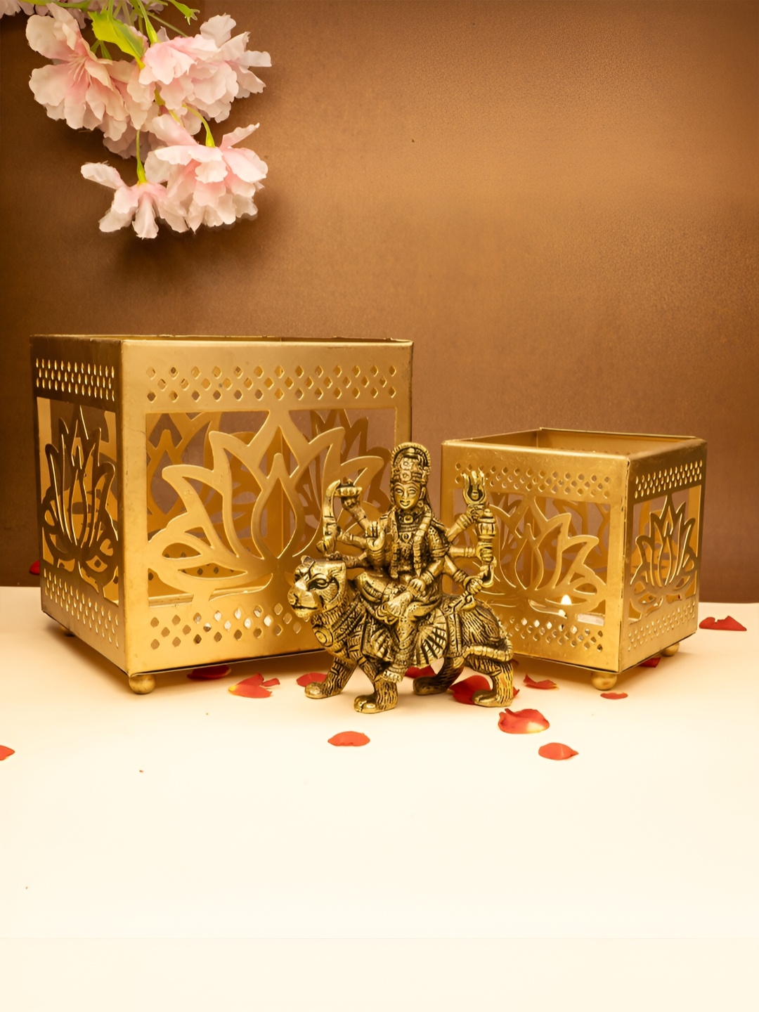 

Ekhasa Gold Toned 3 Pieces Durga Maa Idol & Tealight Candle Holders Home Gift Set