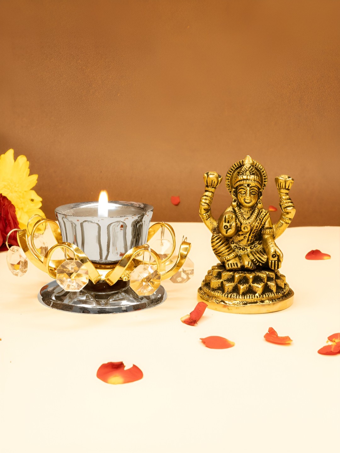 

Ekhasa Gold Toned 2 Pieces Lakshmi Devi Idol & Tealight Candle Holders Home Gift Set