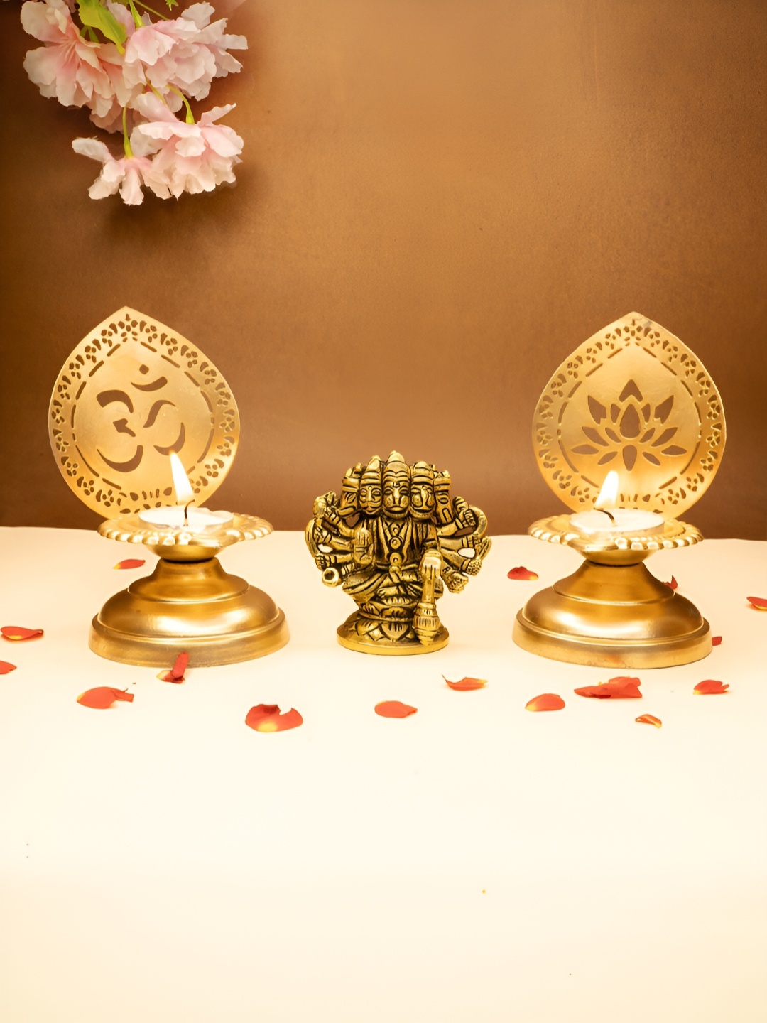 

Ekhasa Gold Toned 3 Pcs Panchmukhi Hanuman Idol & Tealight Candle Holders Home Gift Set