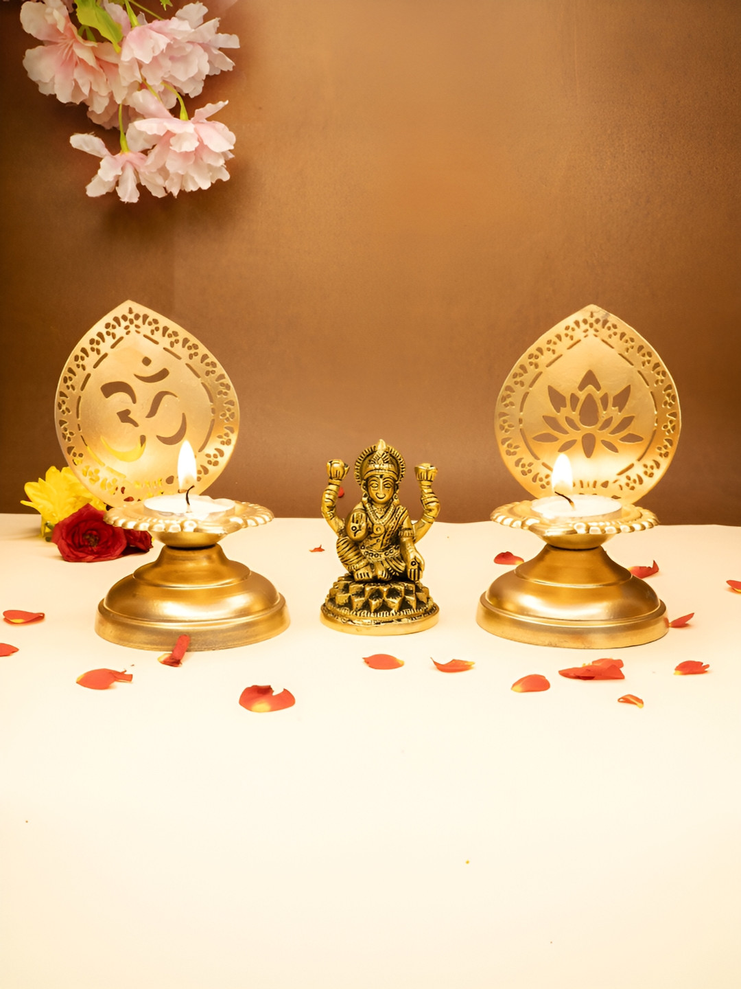 

Ekhasa Gold Toned 3 Pieces Lakshmi Devi Idol & Tealight Candle Holders Home Gift Set