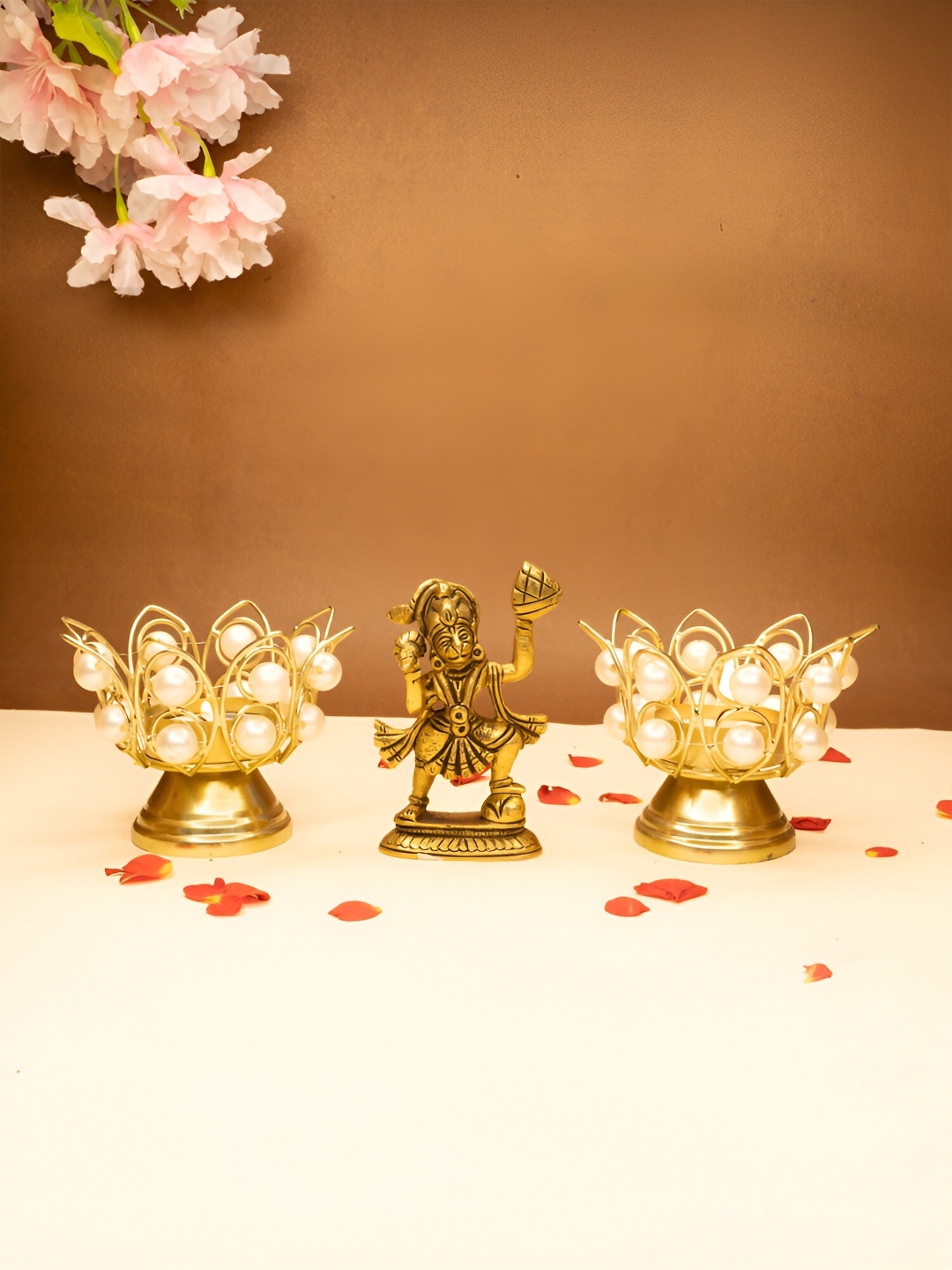 

Ekhasa Gold Toned 3 Pieces Pure Brass Hanuman Idol & Tealight Candle Holders Home Gift Set