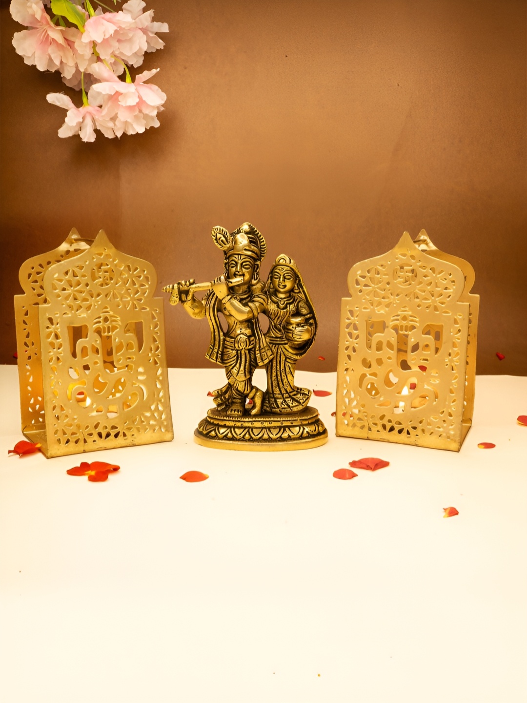 

Ekhasa Gold Toned 3 Pieces Radhakrishna Idol & Tealight Candle Holders Gift Set