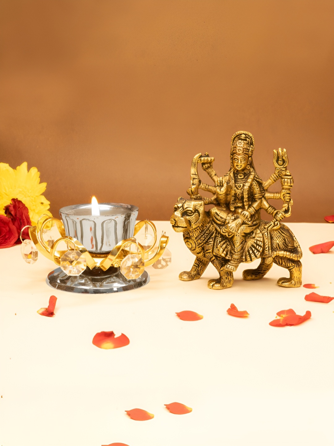 

Ekhasa Gold Toned 2 Pieces Pure Brass Durga Maa Idol & Tealight Candle Holders