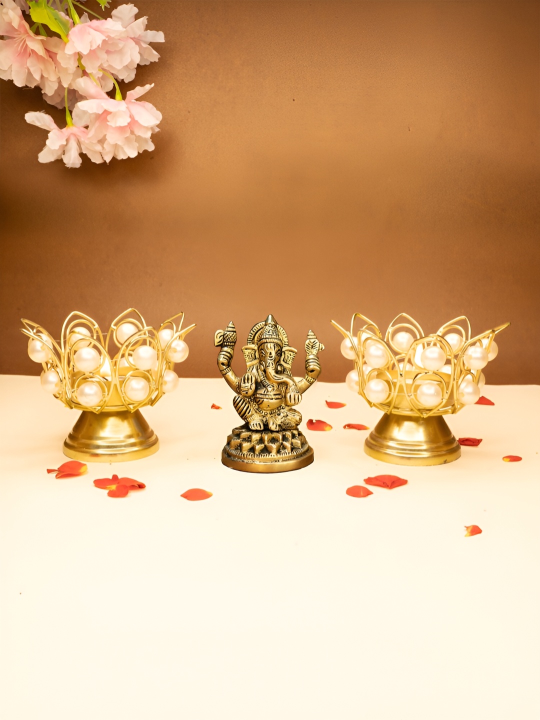 

Ekhasa Gold Toned 3 Pieces Ganesh Idol & Tealight Candle Holders Home Gift Set