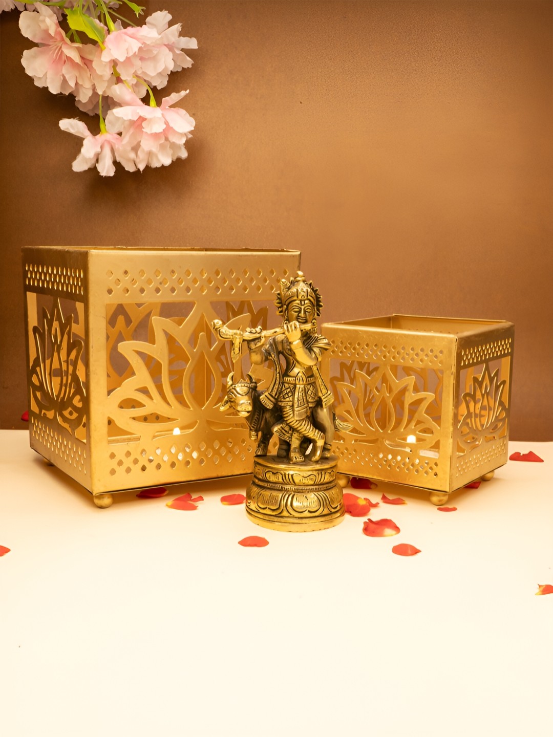 

Ekhasa Gold Toned 3 Pcs Pure Brass Idol & Tealight Candle Holder Home Gift Set