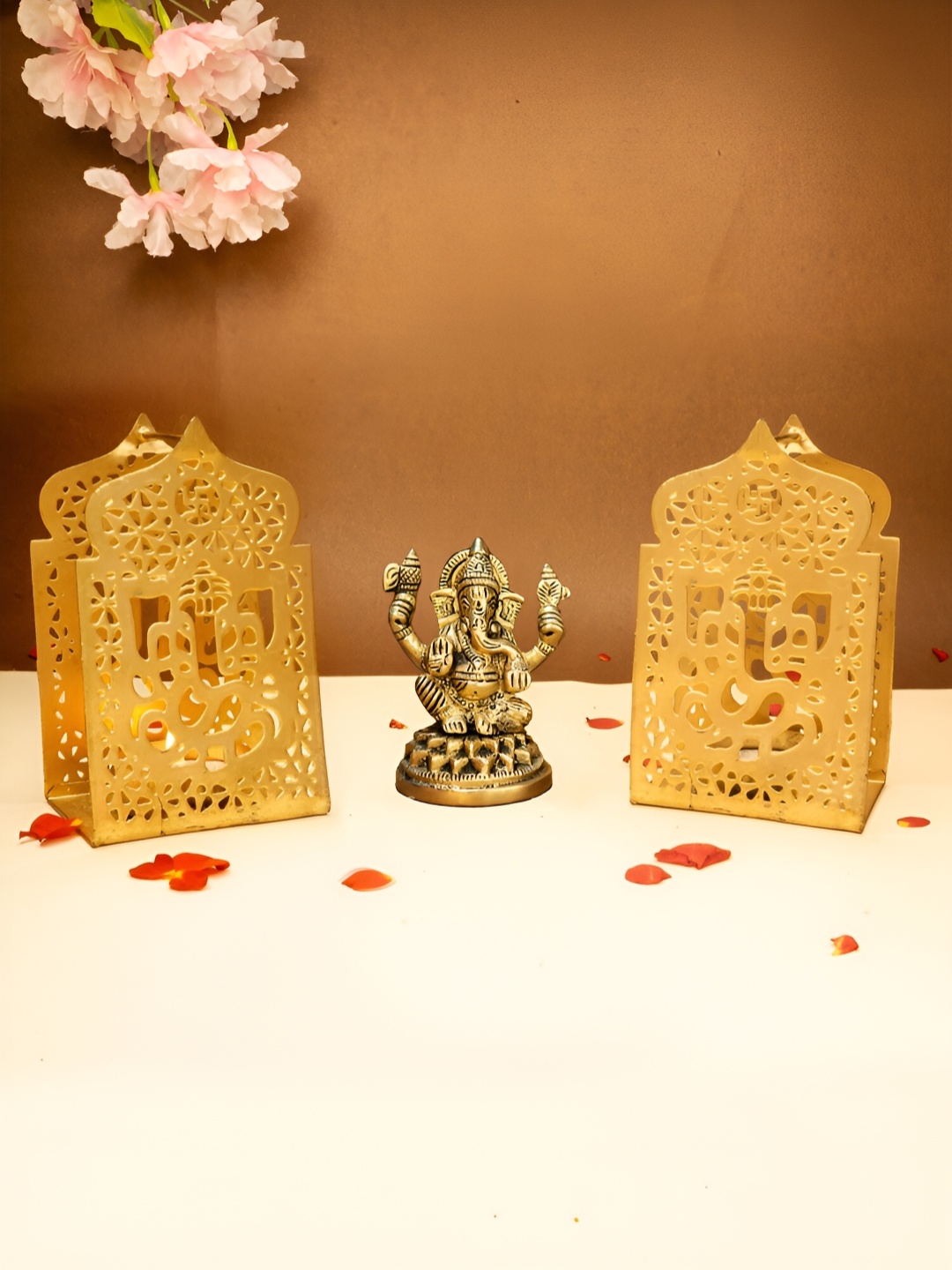 

Ekhasa Gold Toned 3 Pieces Ganesh Idol & Tealight Candle Holders Home Gift Set