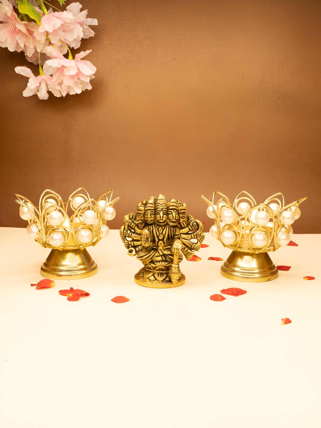 

Ekhasa Gold Toned 3 Pieces Panchmukhi Hanuman Idol & Tealight Candle Holders Home Gift Set