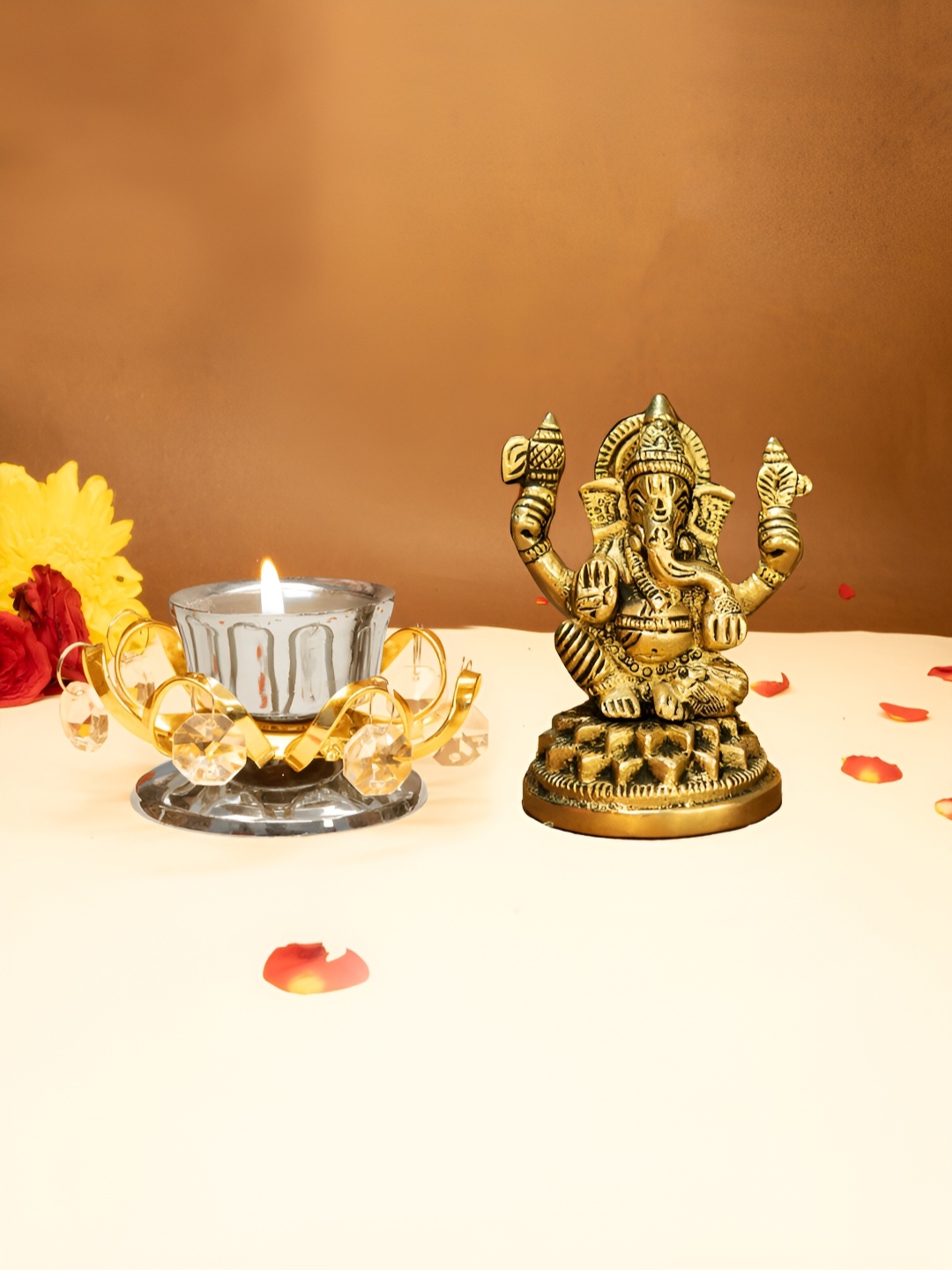 

Ekhasa Gold Toned 2 Pieces Ganesh Idol & Tealight Candle Holders Home Gift Set