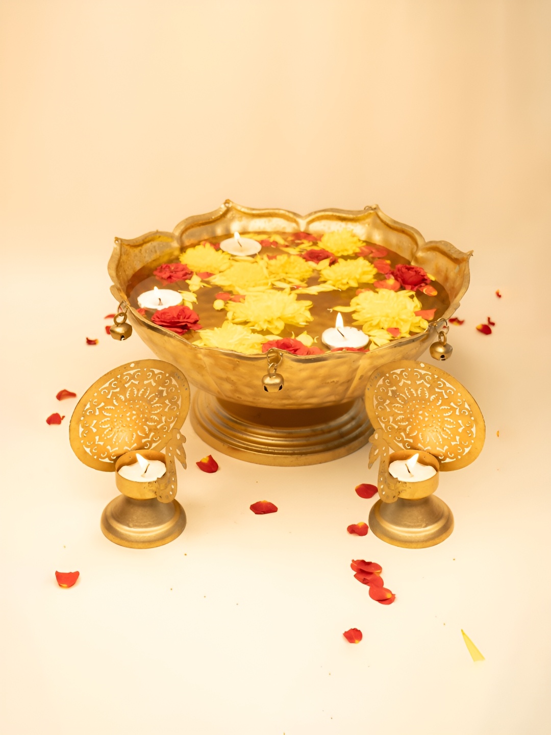 

Ekhasa Gold Toned 3 Pieces Urli Bowl & Tealight Candle Holders Home Gift Set