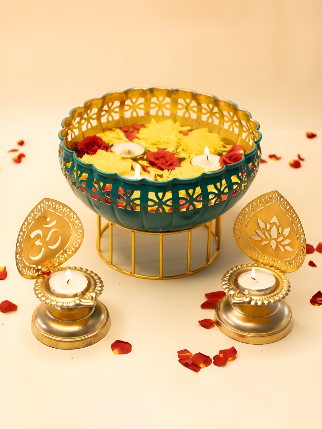 

Ekhasa Green 3 Pieces Urli Decorative Bowl with Stand and Tealight Holder Home Gift Set, Gold