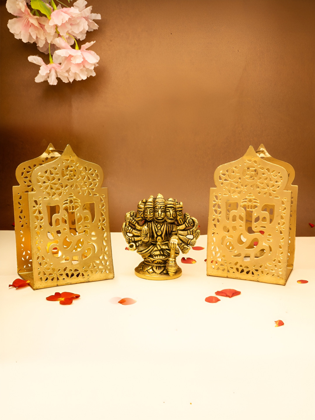 

Ekhasa Gold-Toned 3 Pieces Panchmukhi Hanuman Idol & Tealight Candle Holder Home Gift Set