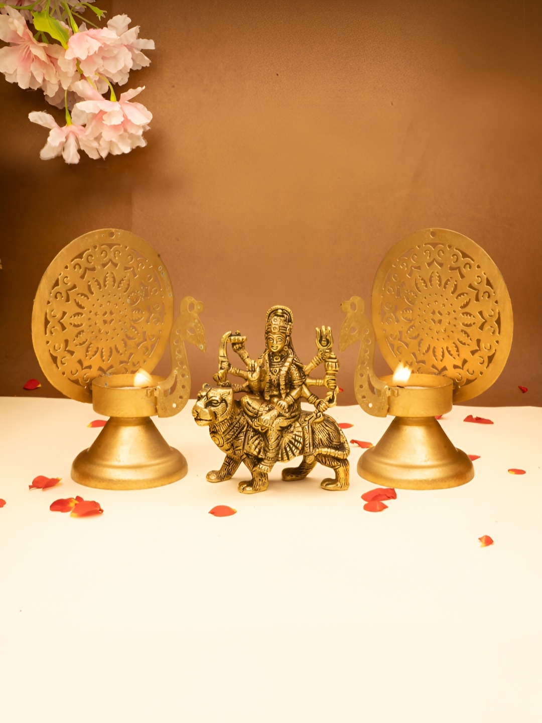 

Ekhasa Gold-Toned 3 Pieces Durga Maa Idol & Tealight Candle Holder Home Gift Set